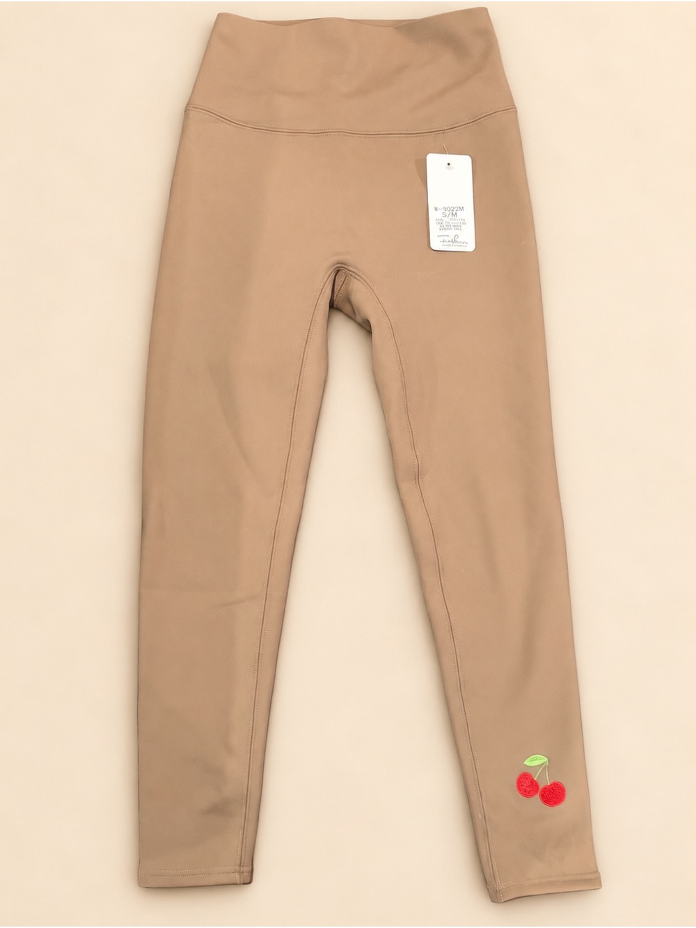 Women High-Waist Leggings with Cherry Patch - Tan